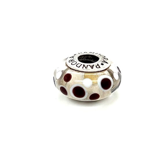 Pandora White/Brown Polka Dot Murano Glass Charm - Picture 1 of 4